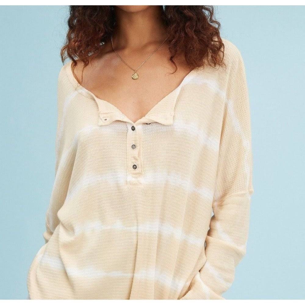 Billabong Thermal Knits Henley Long Sleeve Top Orange & White Tie Dye Print M